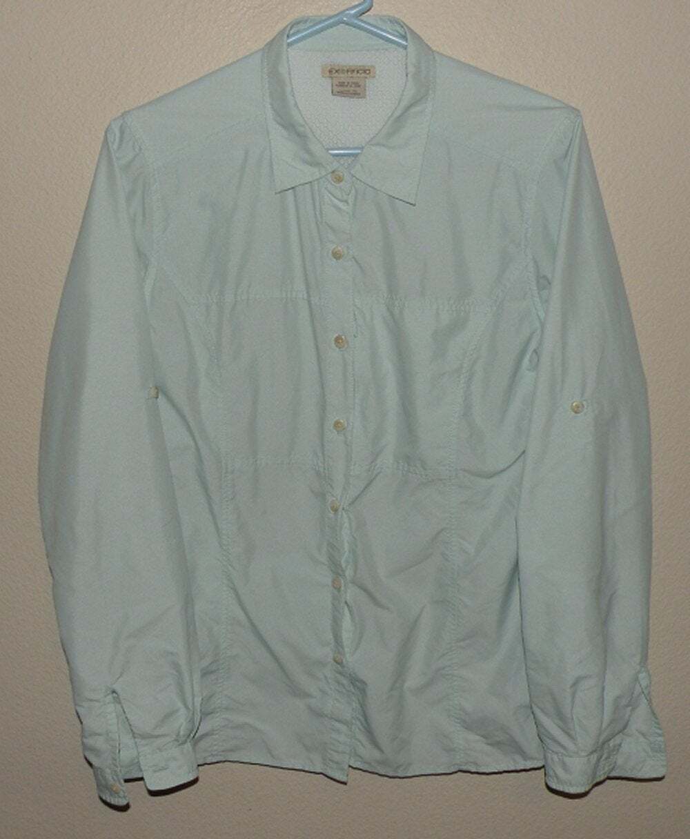 ExOfficio Womenโs Large (12-14) LS Nylon/Poly Button Shirt Light Blue Vented